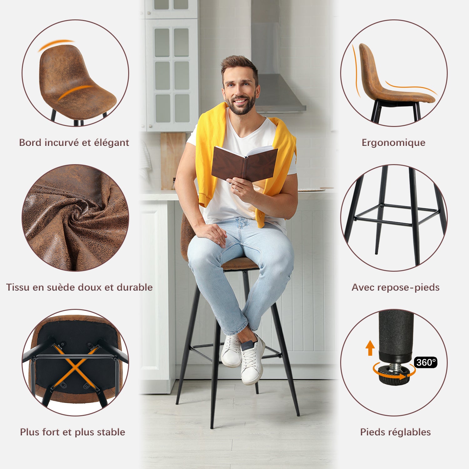 Set di 2 sgabelli da bar industriali con schienale in pelle scamosciata - CHARLTON BAR