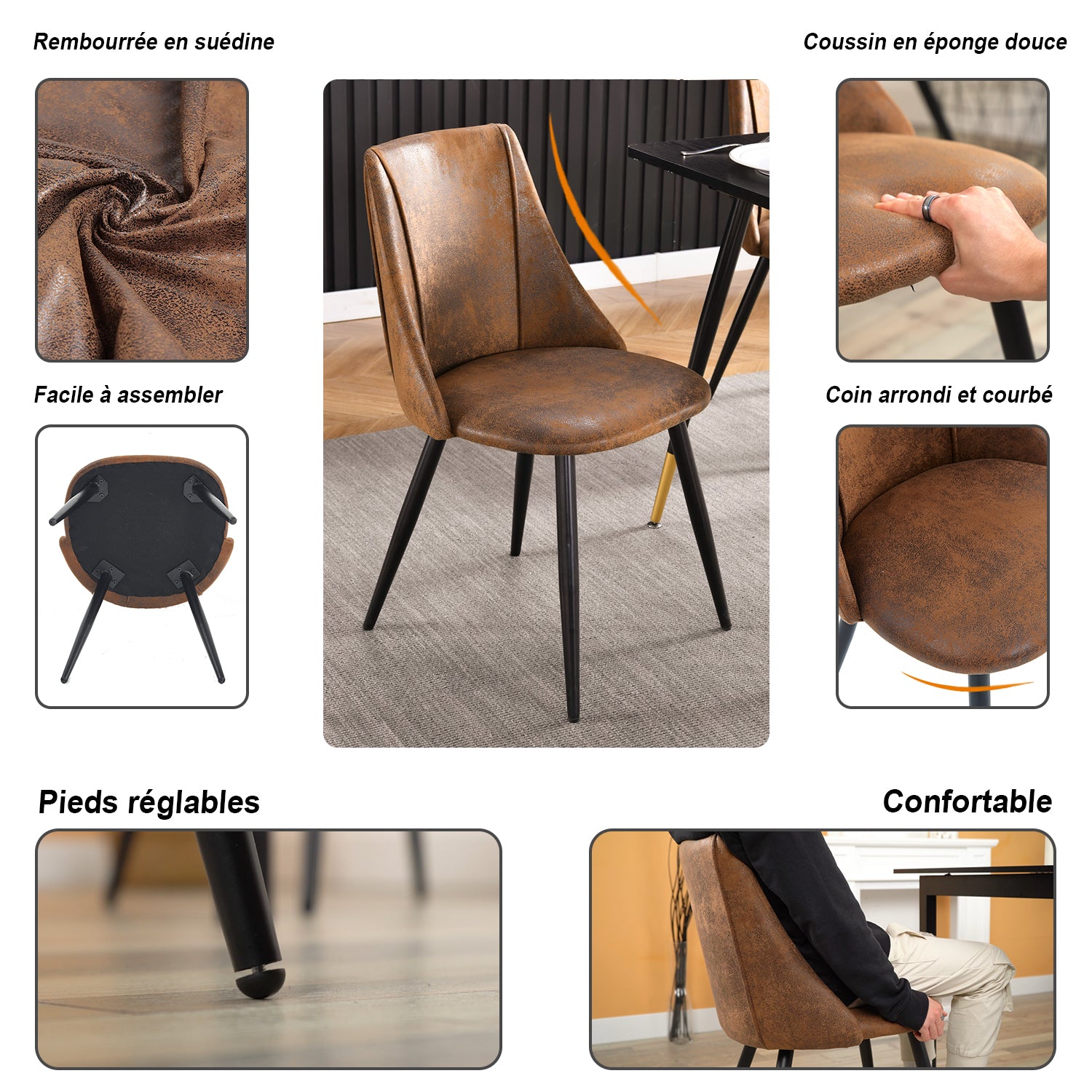 Ensemble de salle à manger de style scandinave composé d'une table ronde en chêne et de 2 chaises en suédine marron