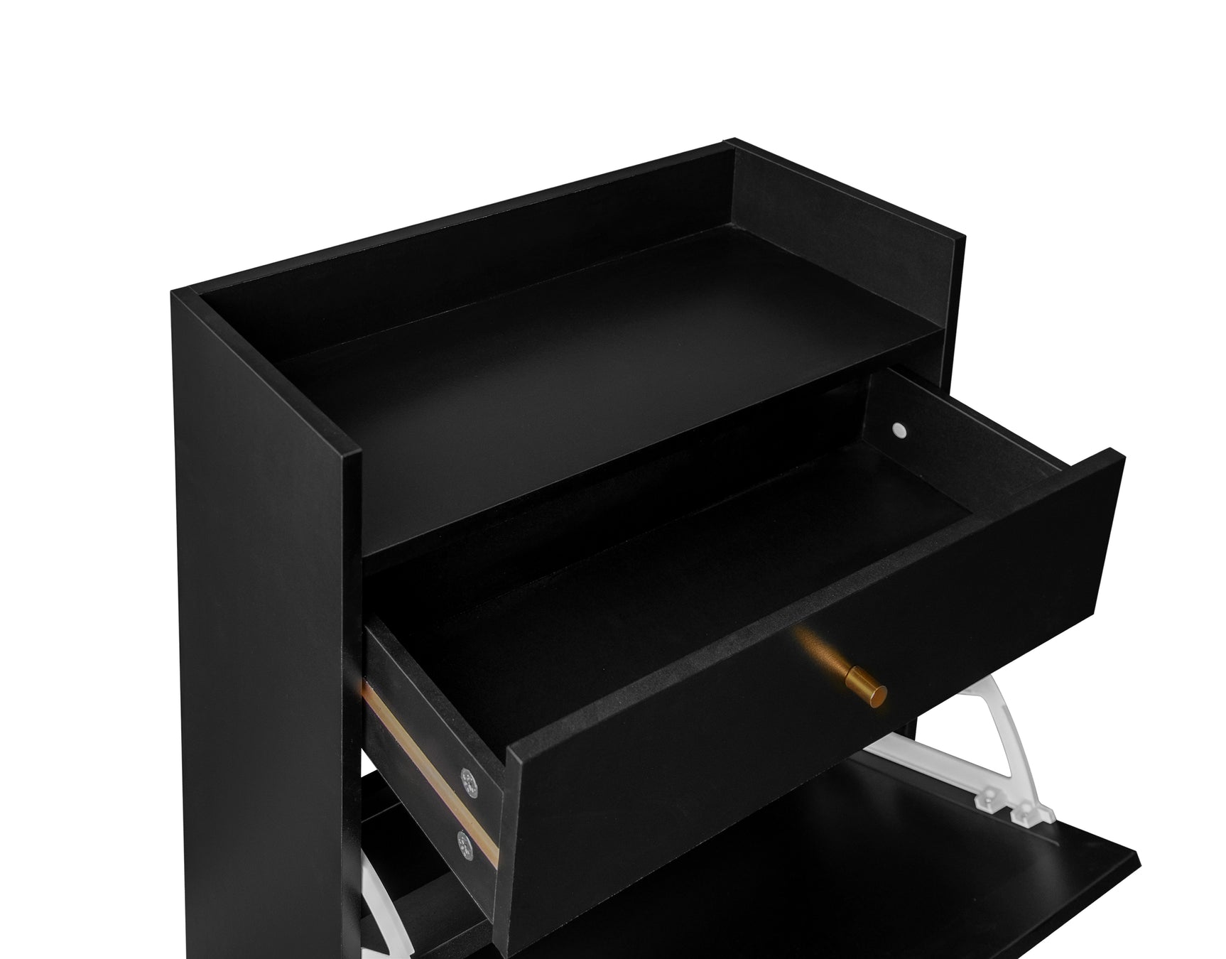 Meuble à chaussures noir 60x24x110 cm avec 2 portes en rotin, 1 tiroir et étagères réglables