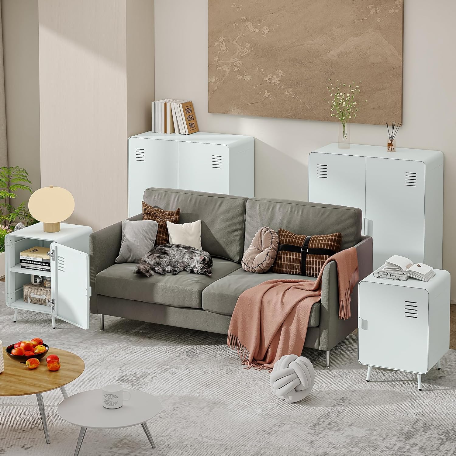 Table de chevet en métal blanc style industriel avec rangement et étagère - WALNUT