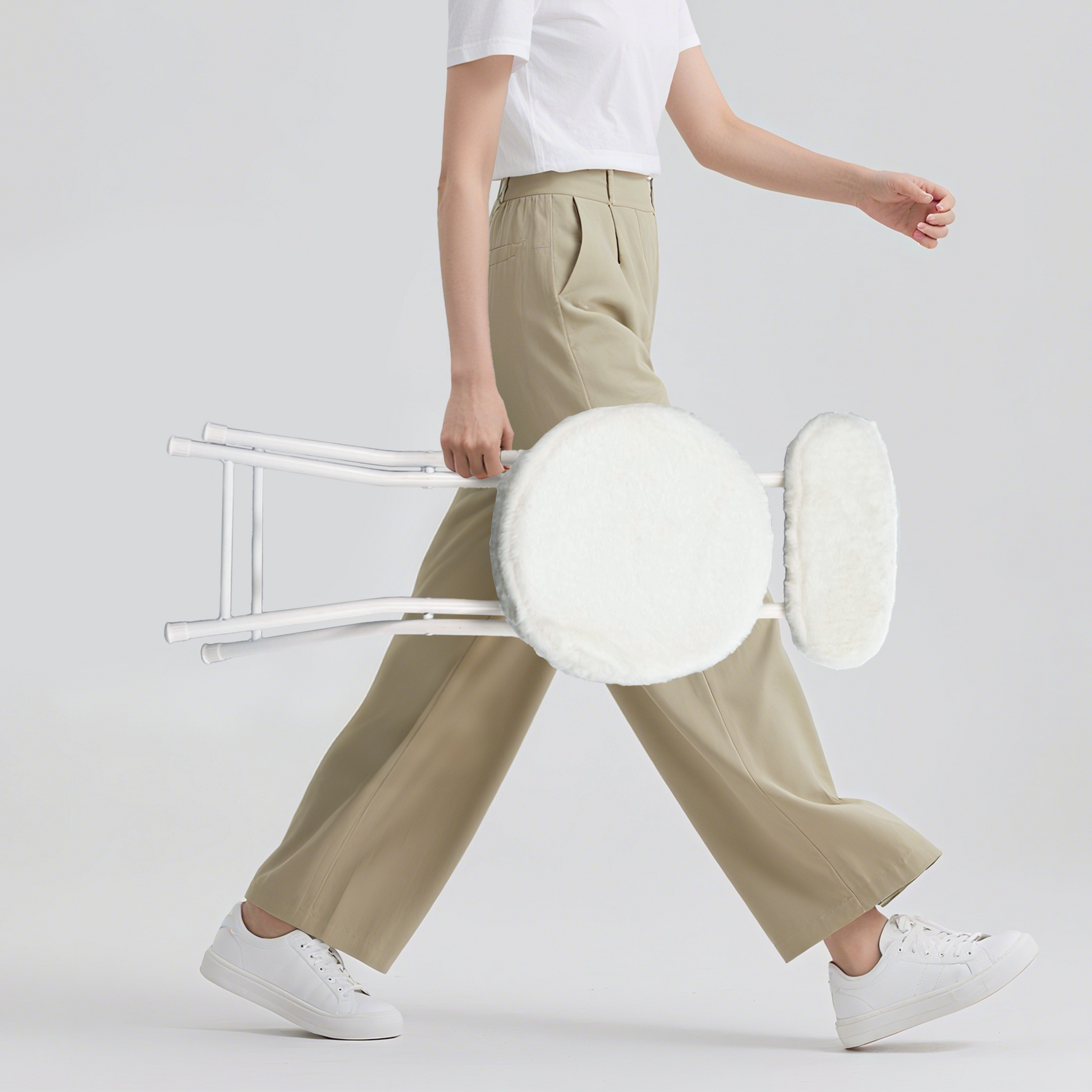 Set von 4 Stühlen/Klapphocker, runder Sitz im Stoff Fellfell weißes Fell - Ernst