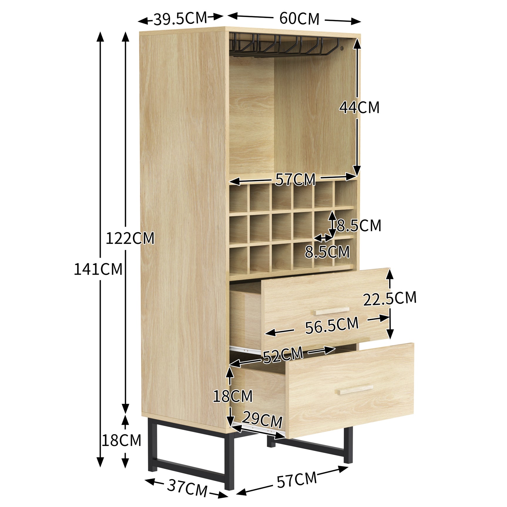 Buffet alto de madera con 18 compartimentos, 2 cajones integrados y soportes de vidrio