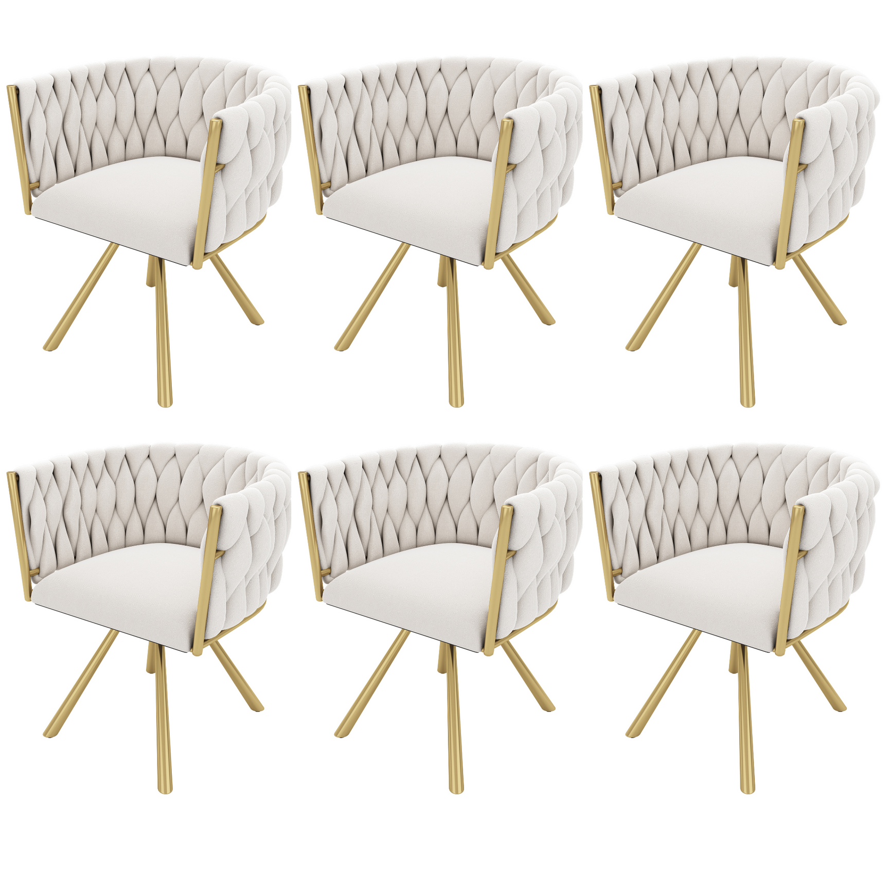 Lot de 6 chaises pivotantes de salle à manger en velours beige avec pieds en métal doré