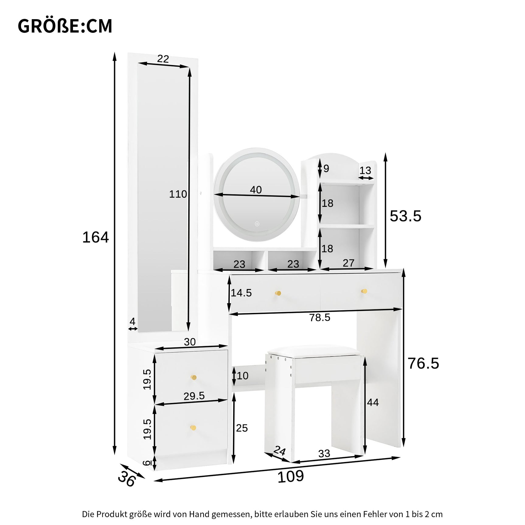 Weißer 4-in-1-Schminktisch mit ganzem Spiegel und Drehspiegel, gepolstertem Hocker, integrierter Speicher und 3-Farben-LED-Beleuchtung, 109x36x164 cm