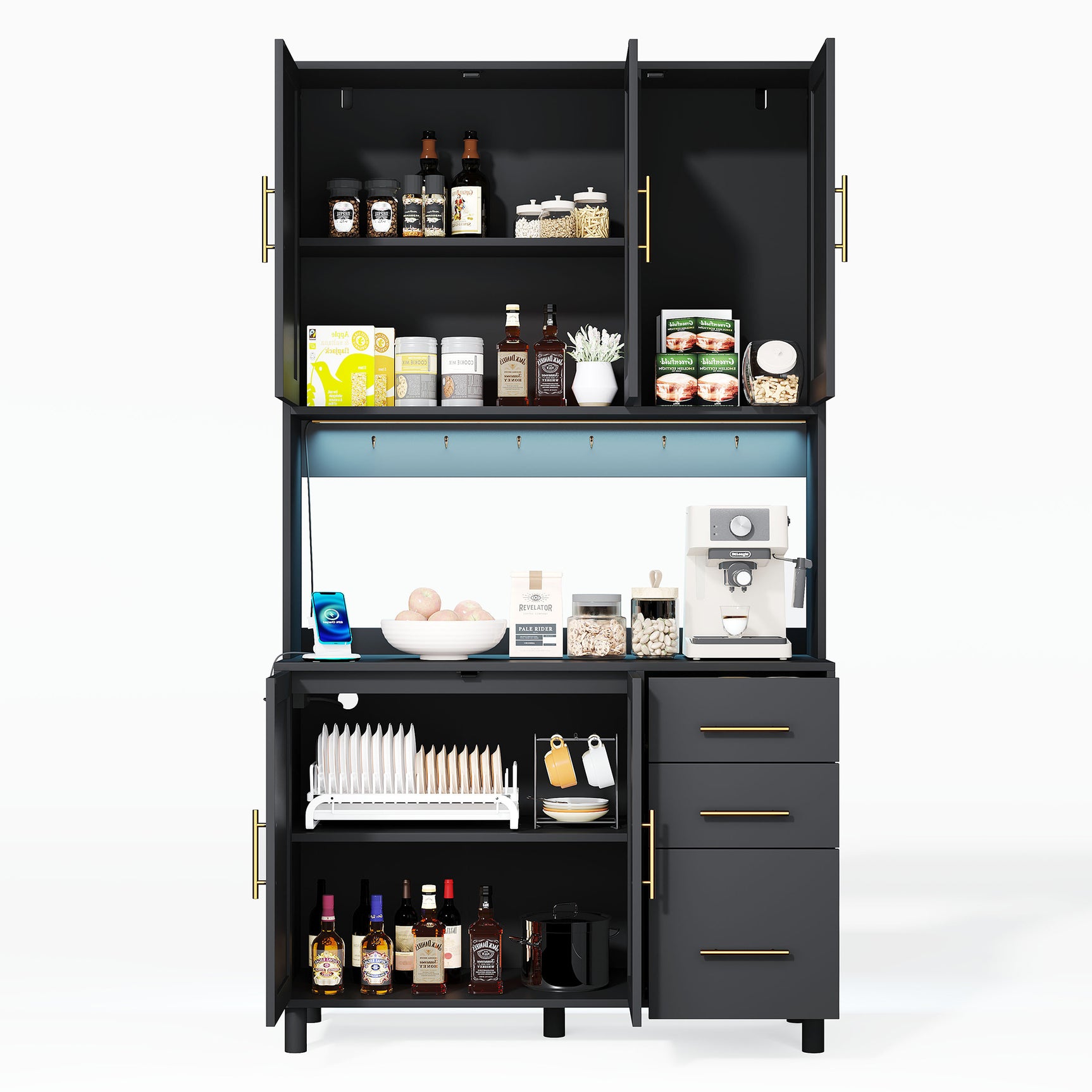 183 cm Küchenbuffet mit LED -Beleuchtung, gesteuert von Anwendung, 2 USB -Häfen, 2 Sockeln, 3 Schubladen, verstellbaren Regalen und goldenen Griffen - ideal für Küchen- und Esszimmer