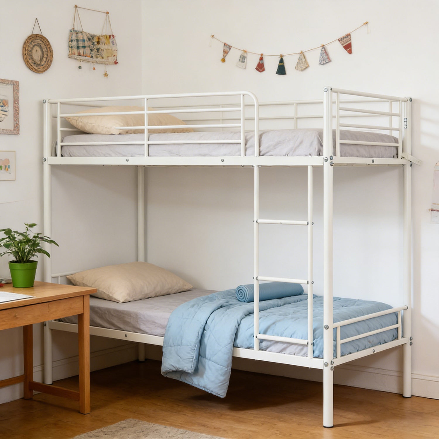 Lit superposé 2 places et 2 étages en métal blanc avec échelle 90x190cm (matelas non inclus) - TWIN