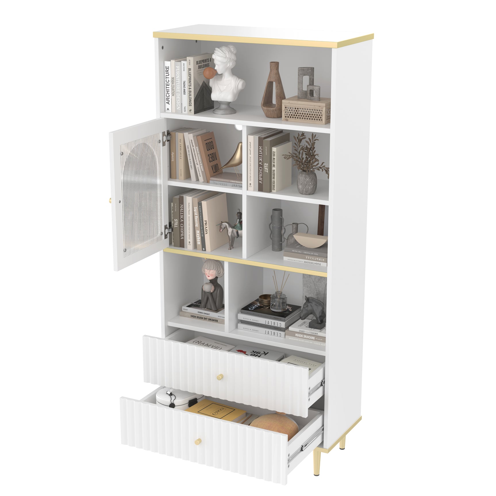 Bibliothèque multifonctionnelle blanche avec LED et portes vitrées – 78×36×180 cm
