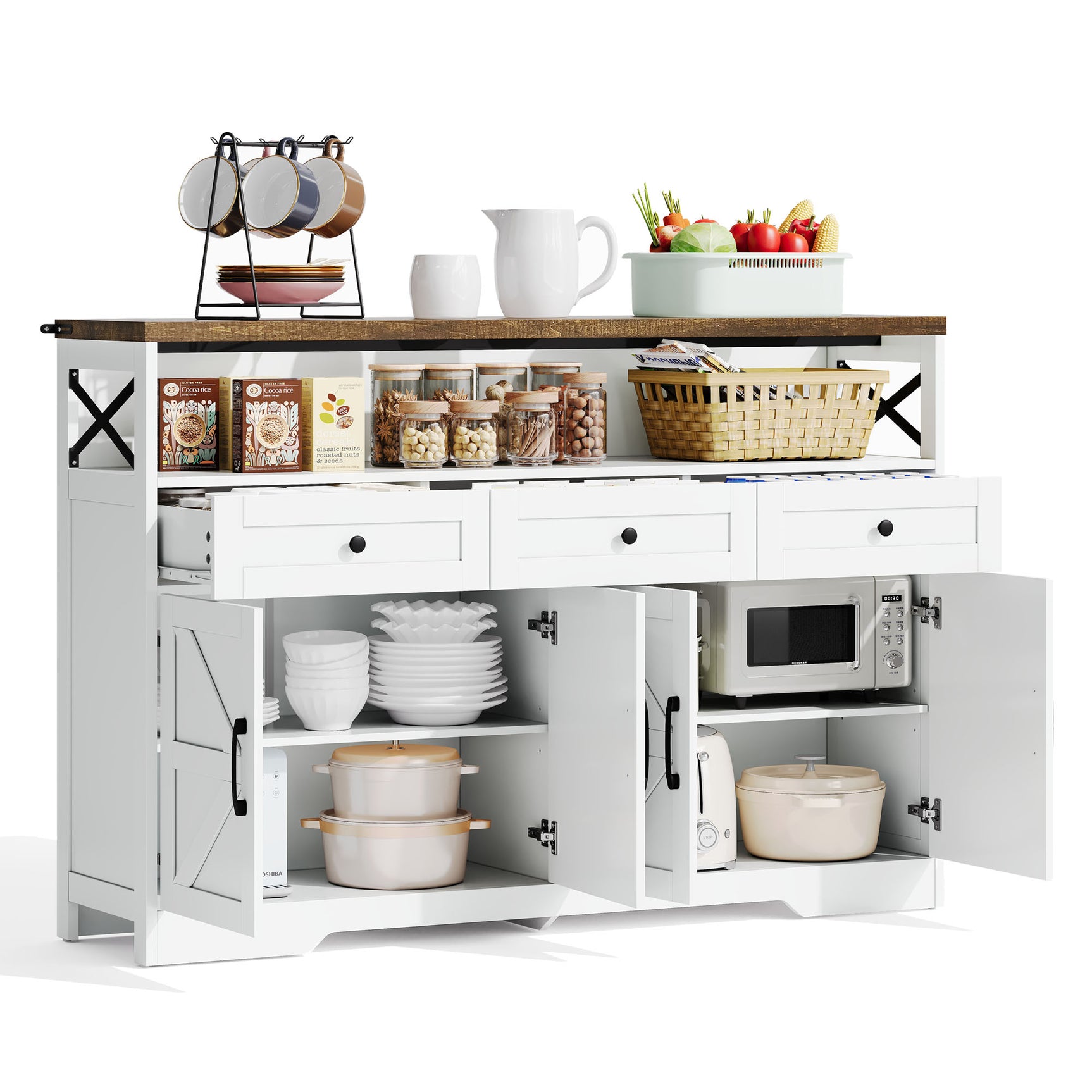 Buffet rustique blanc et brun avec 3 tiroirs et 2 portes