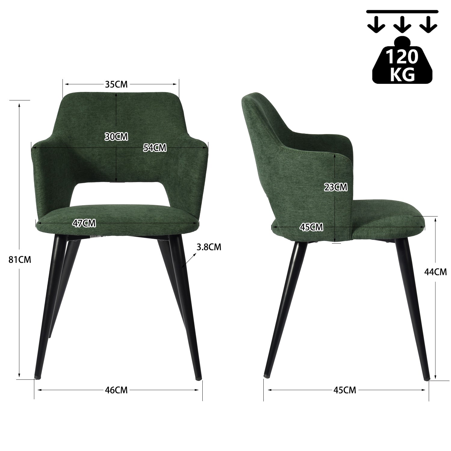 Ensemble table à manger ronde en chêne avec pieds en forme de X et 2 fauteuils en tissu vert de style scandinave pour salle à manger