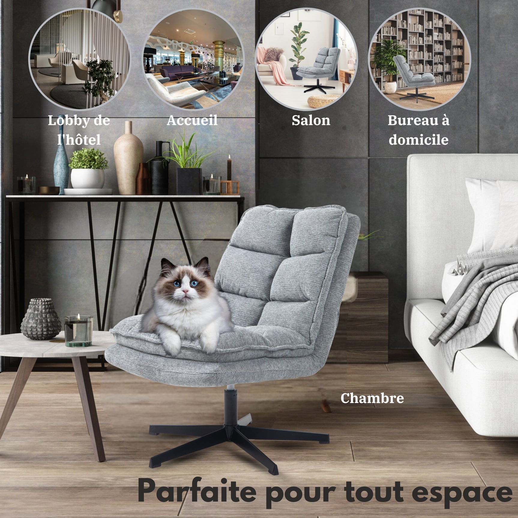 Poltrona relax pieghevole senza braccioli in tessuto grigio, girevole a 360° - AESTON