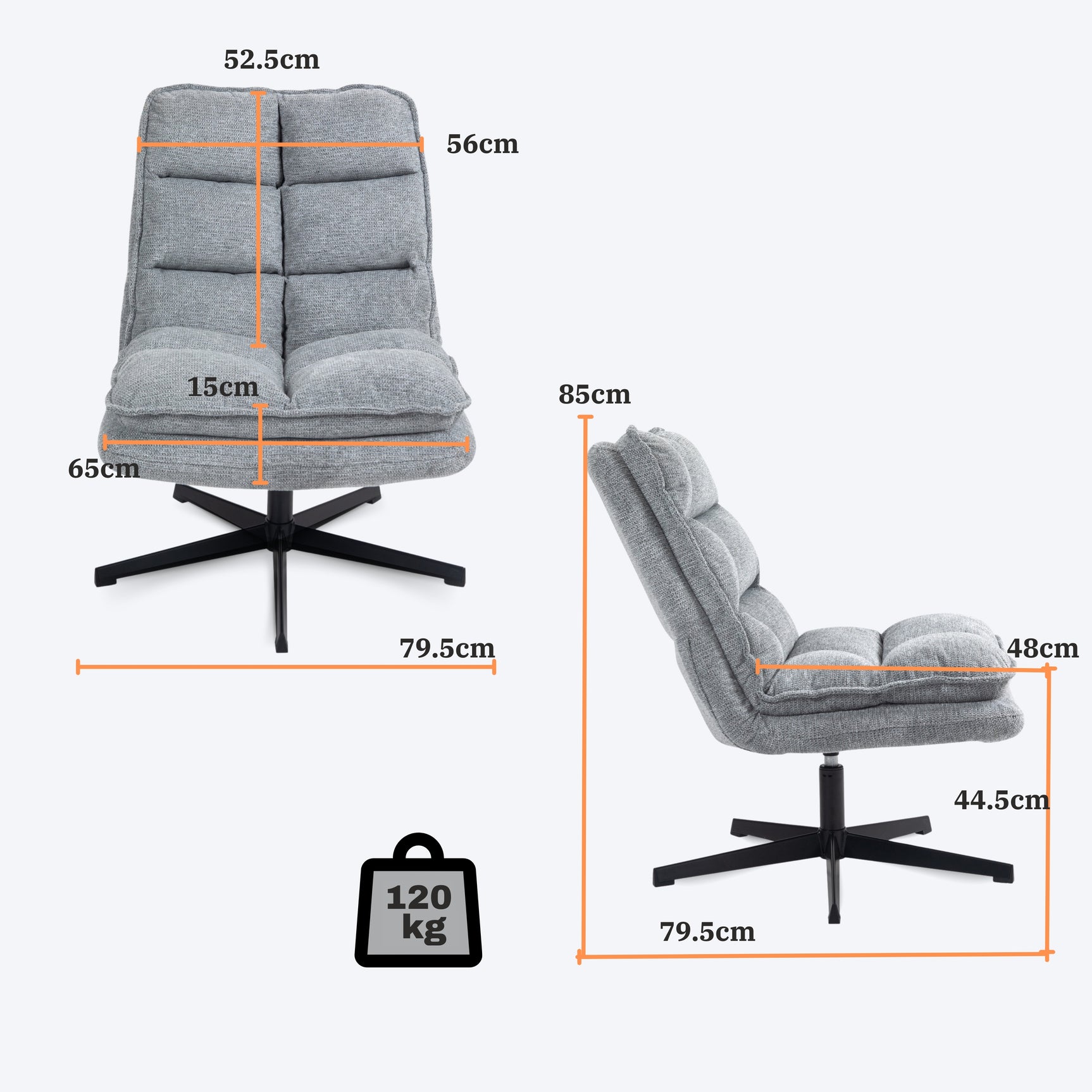 Poltrona relax pieghevole senza braccioli in tessuto grigio, girevole a 360° - AESTON