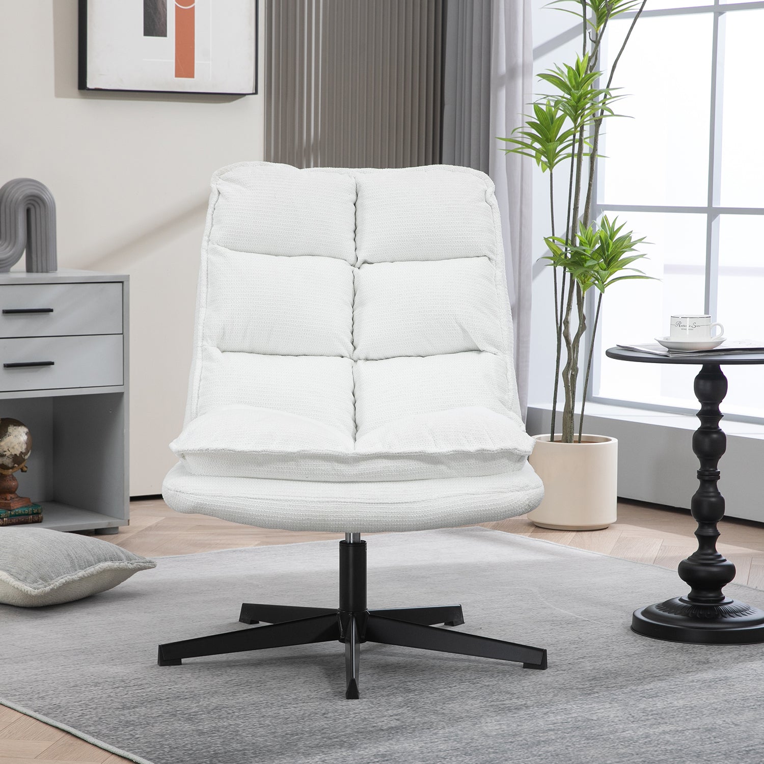 Fauteuil de loisirs pliable sans accoudoirs en tissu blanc pivotant à 360° - AESTON