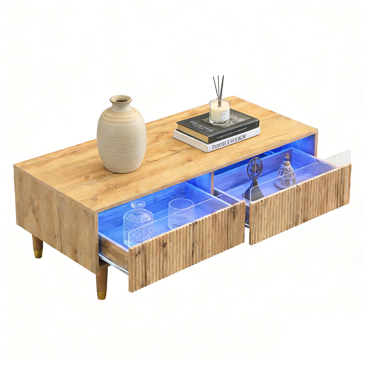 Table basse en MDF couleur chêne clair avec éclairage LED