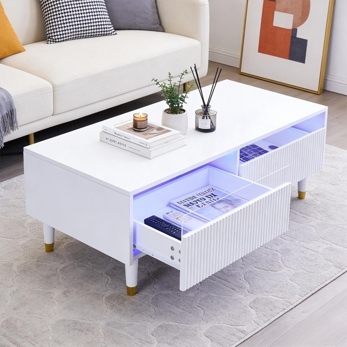Table basse en MDF blanc avec éclairage LED