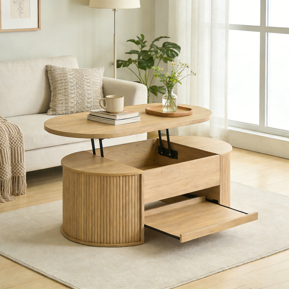 Table basse MDF ton bois avec plateau relevable