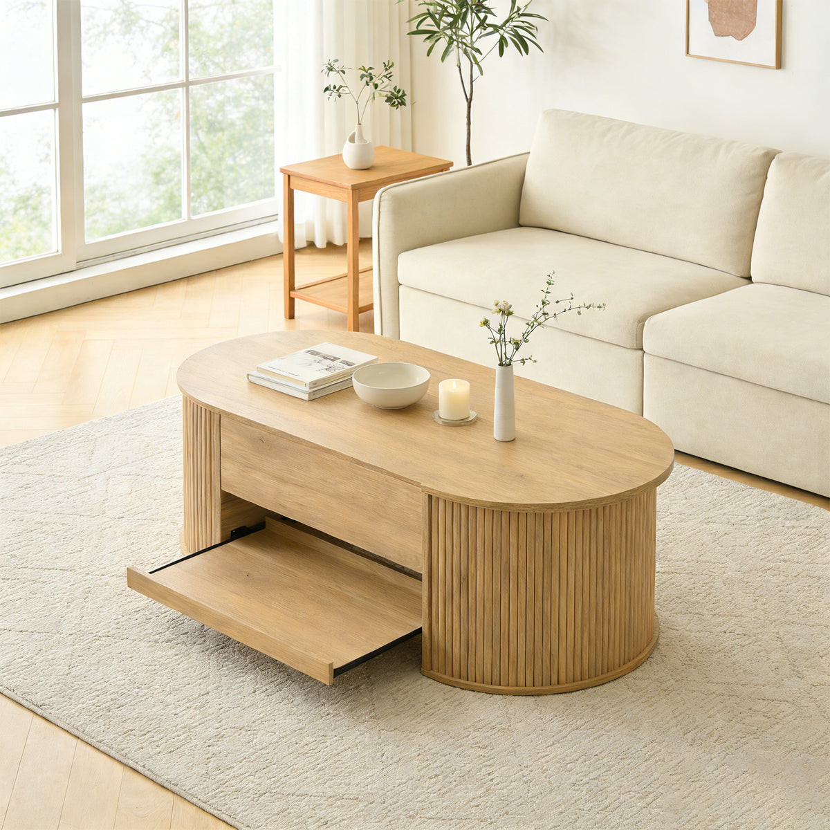 Table basse MDF ton bois avec plateau relevable
