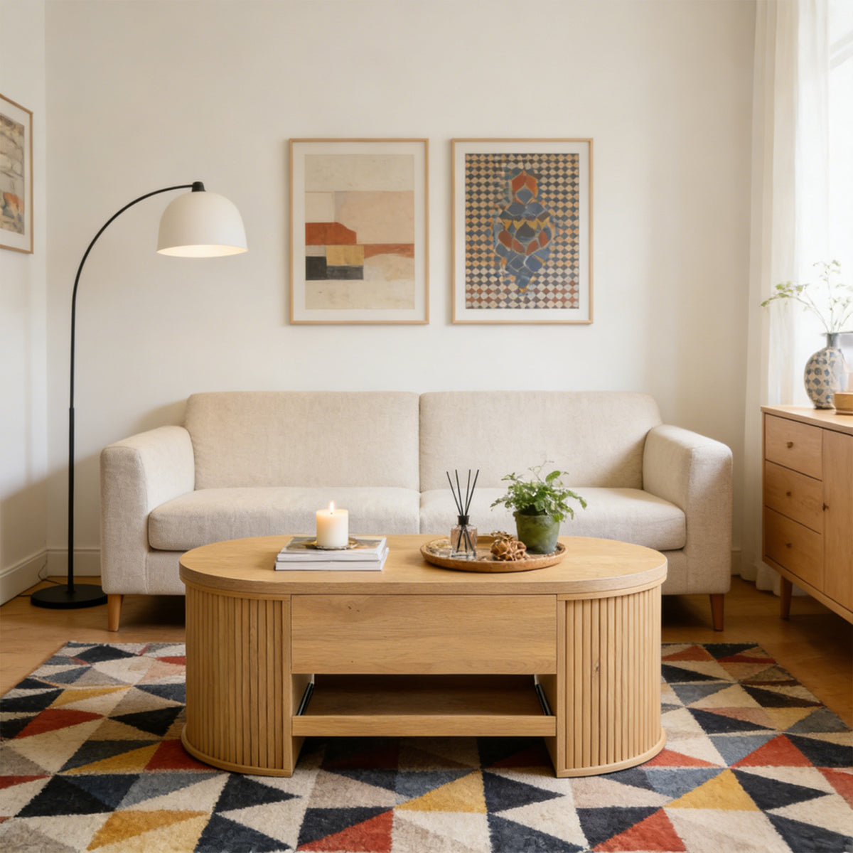 Table basse MDF ton bois avec plateau relevable