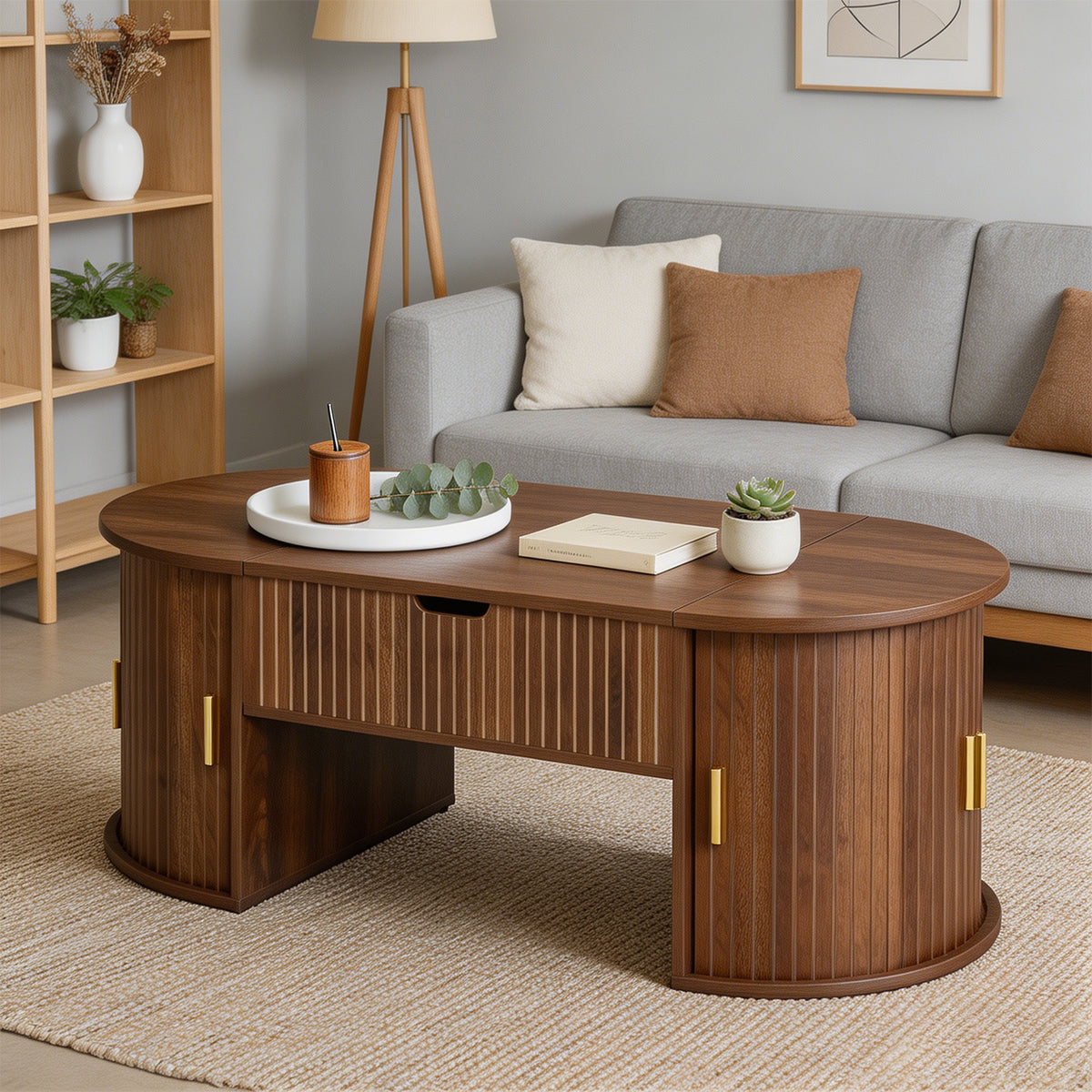 Table basse ovale en panneaux de fibres de MDF couleur noyer, hauteur réglable