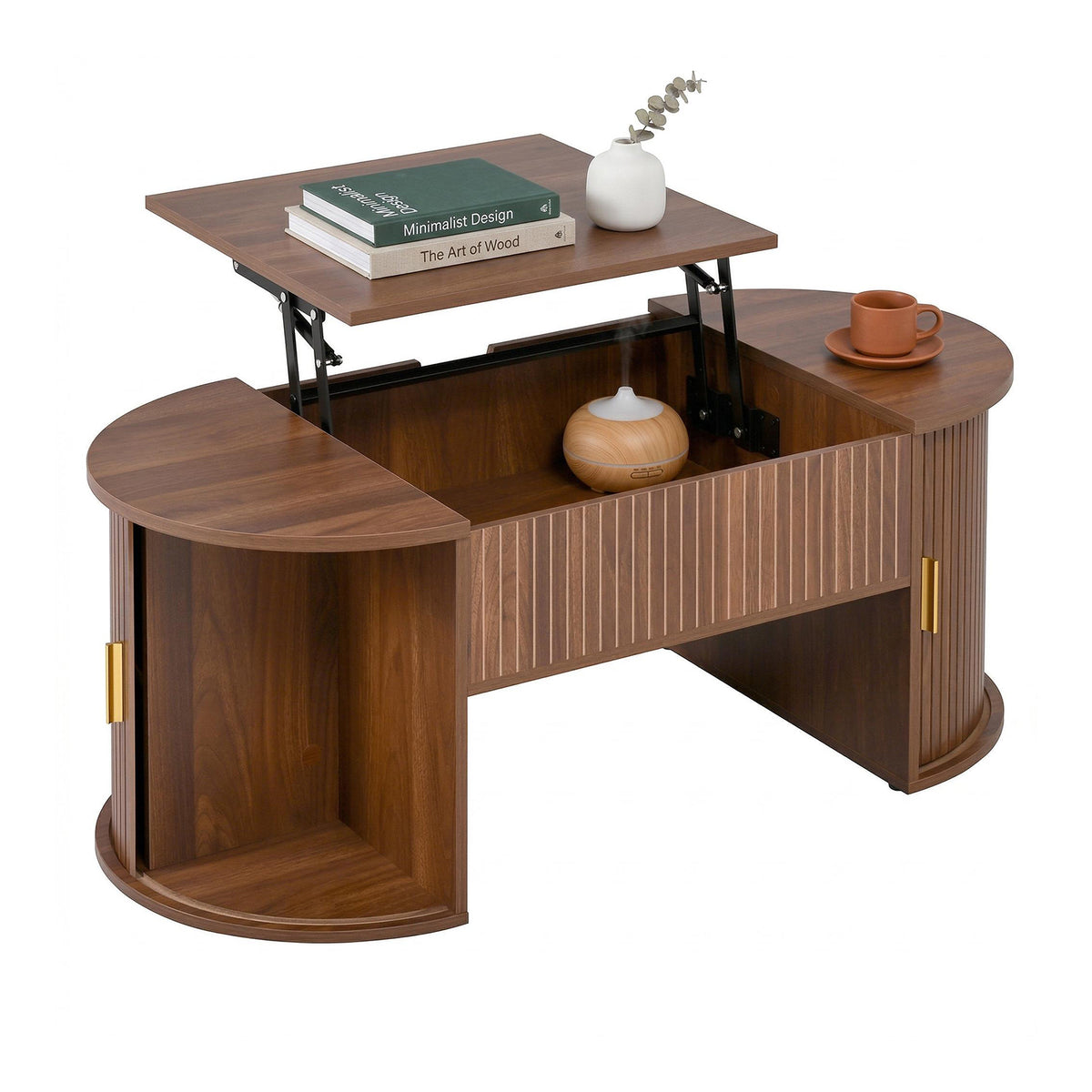 Table basse ovale en panneaux de fibres de MDF couleur noyer, hauteur réglable