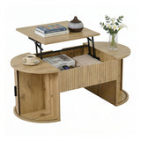 Table basse en MDF de forme ovale, couleur chêne clair, hauteur réglable