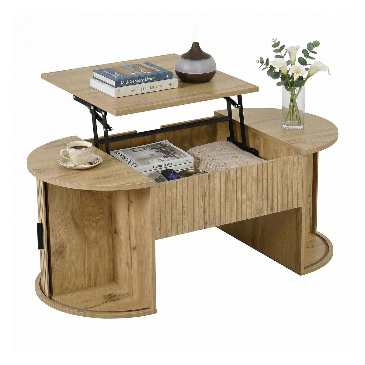 Table basse en MDF de forme ovale, couleur chêne clair, hauteur réglable