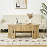 Table basse en MDF de forme ovale, couleur chêne clair, hauteur réglable