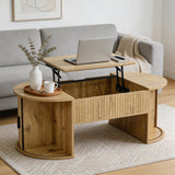 Table basse en MDF de forme ovale, couleur chêne clair, hauteur réglable