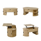 Table basse en MDF de forme ovale, couleur chêne clair, hauteur réglable