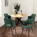 Ensemble table à manger ronde en chêne avec pieds en forme de X et 4 fauteuils en tissu vert de style scandinave pour salle à manger