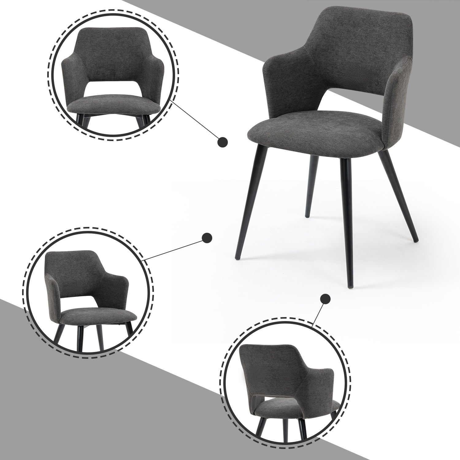 Set aus 6 skandinavischen Esszimmersesseln mit grauen Stoffarmlehnen – AKANJI