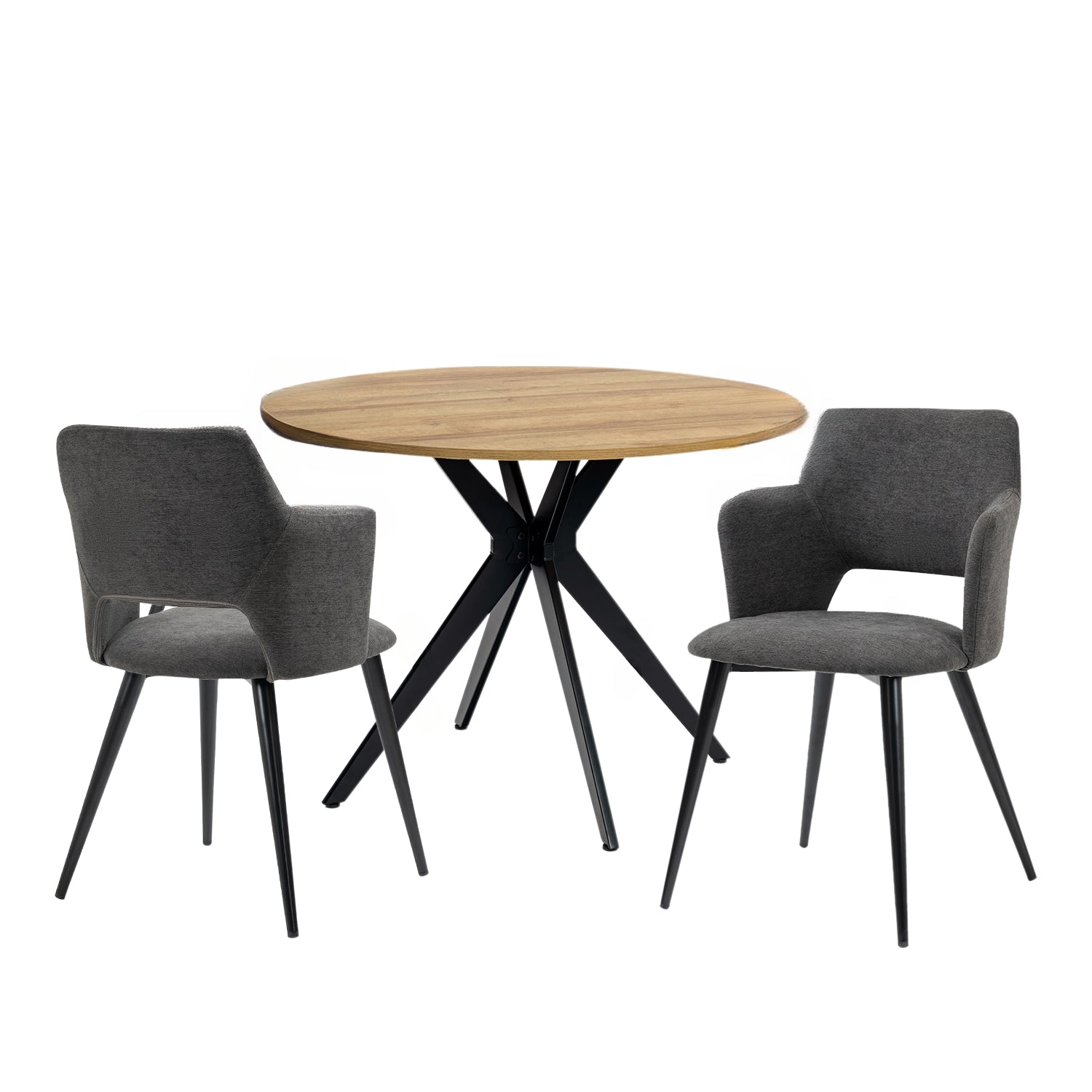 Ensemble table à manger ronde en chêne avec pieds en forme de X et 2 fauteuils en tissu gris de style scandinave pour salle à manger