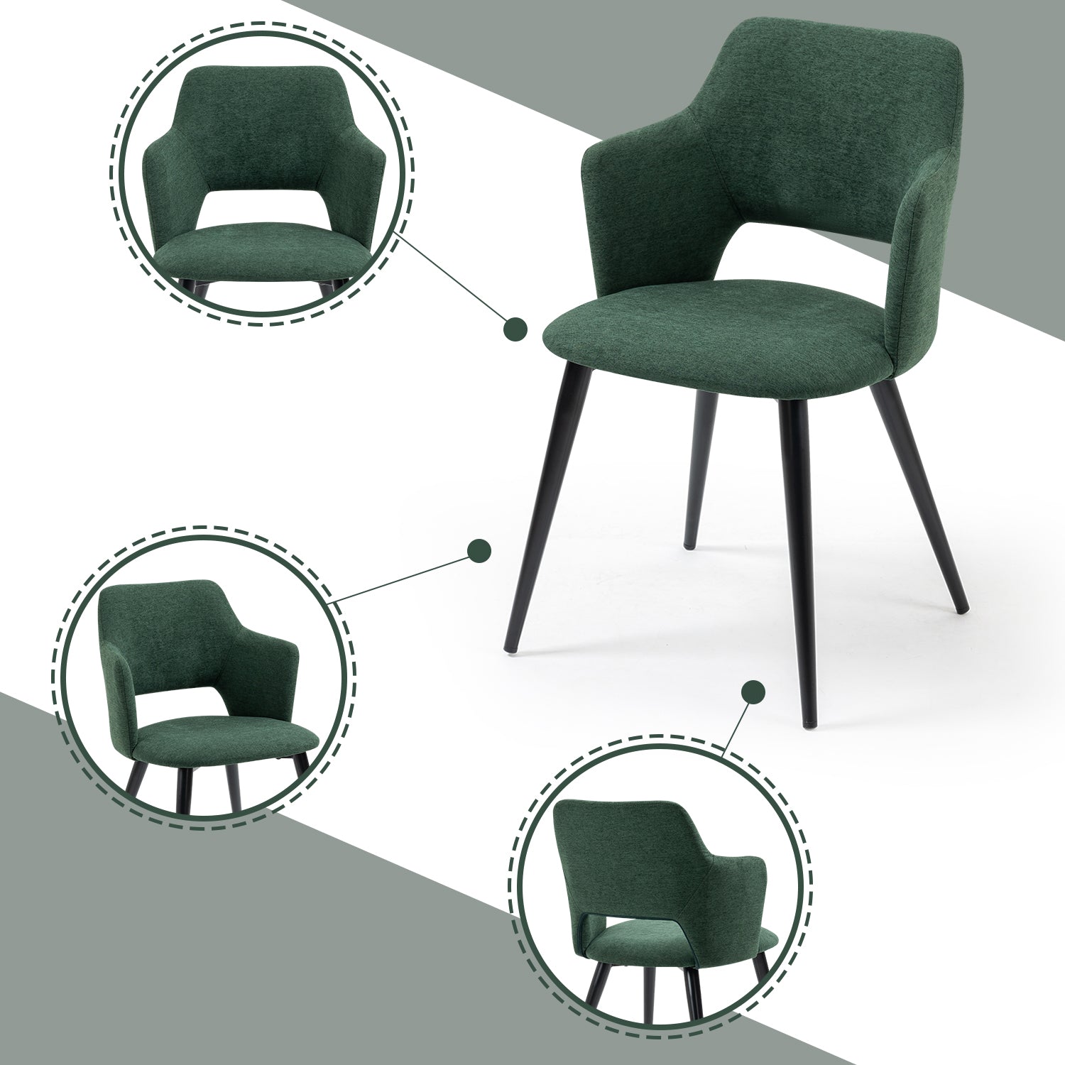 Lot de 4 fauteuils de salle à manger scandinaves avec accoudoirs en tissu vert - AKANJI