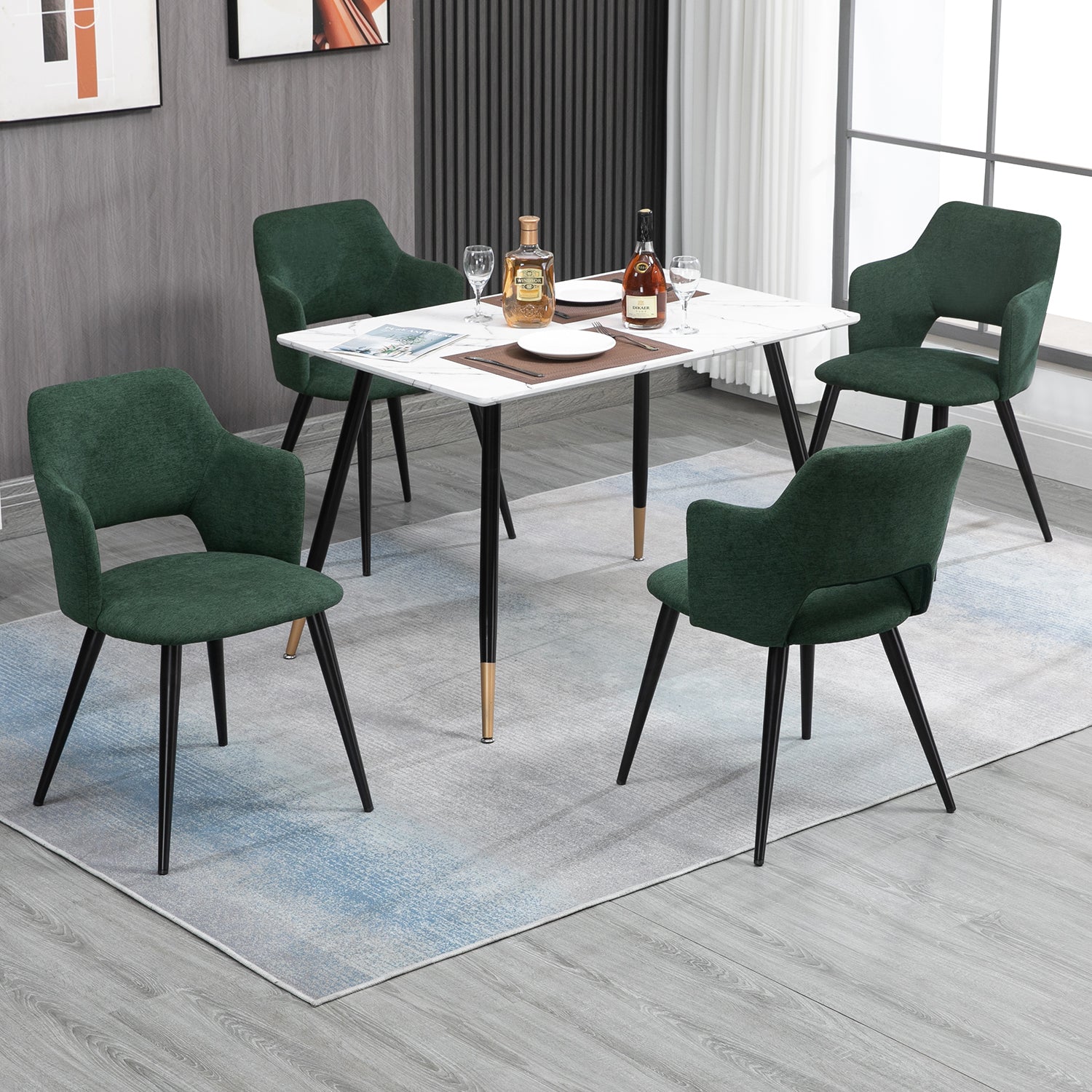 Lot de 4 fauteuils de salle à manger scandinaves avec accoudoirs en tissu vert - AKANJI