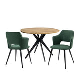 Ensemble table à manger ronde en chêne avec pieds en forme de X et 2 fauteuils en tissu vert de style scandinave pour salle à manger