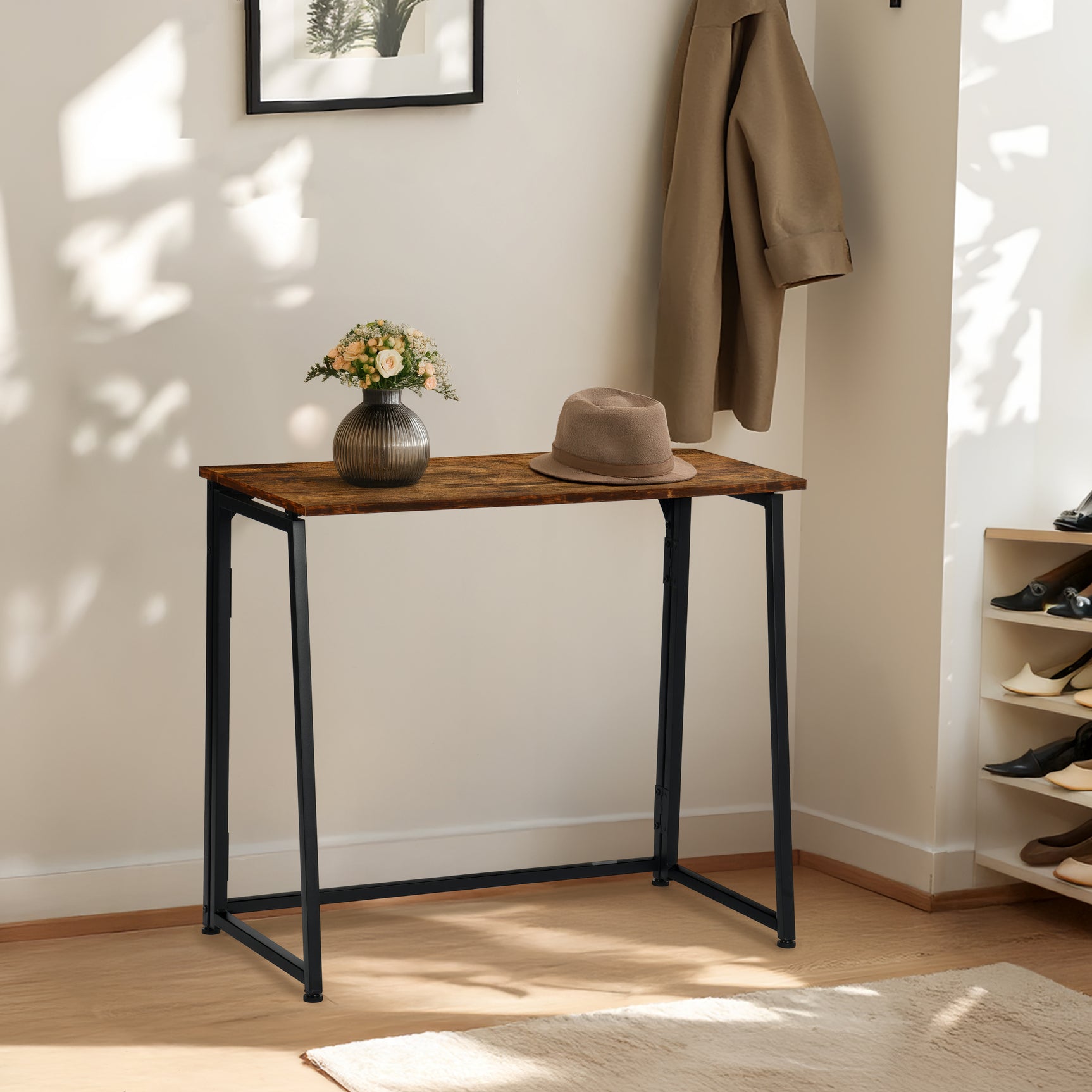Bureau/table d'ordinateur industriel pliant avec 4 roulettes en bois et en métal noir - ASCOLI