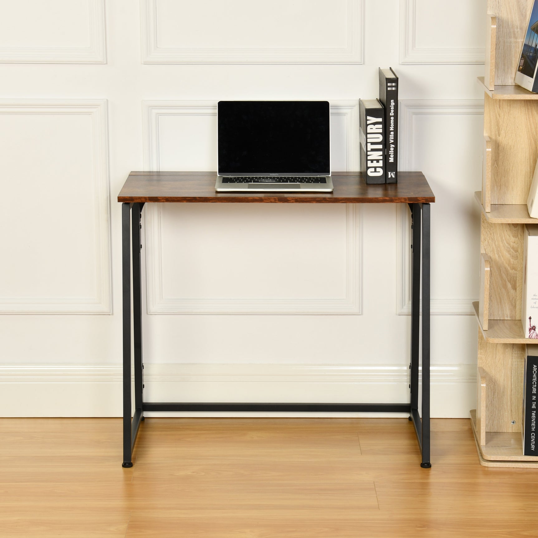 Bureau/table d'ordinateur industriel pliant avec 4 roulettes en bois et en métal noir - ASCOLI