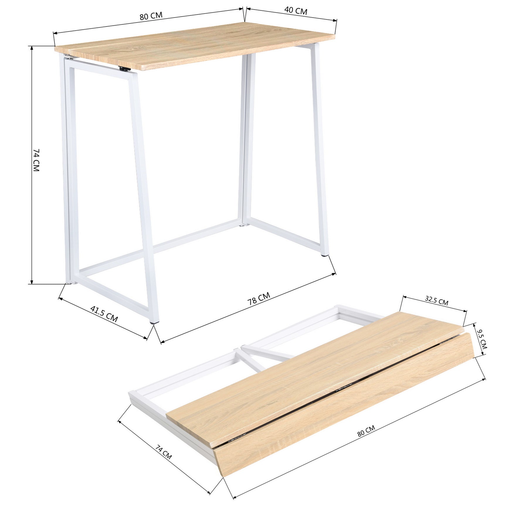Bureau/table d'ordinateur industriel pliant en bois de chêne et en métal blanc - ASCOLI