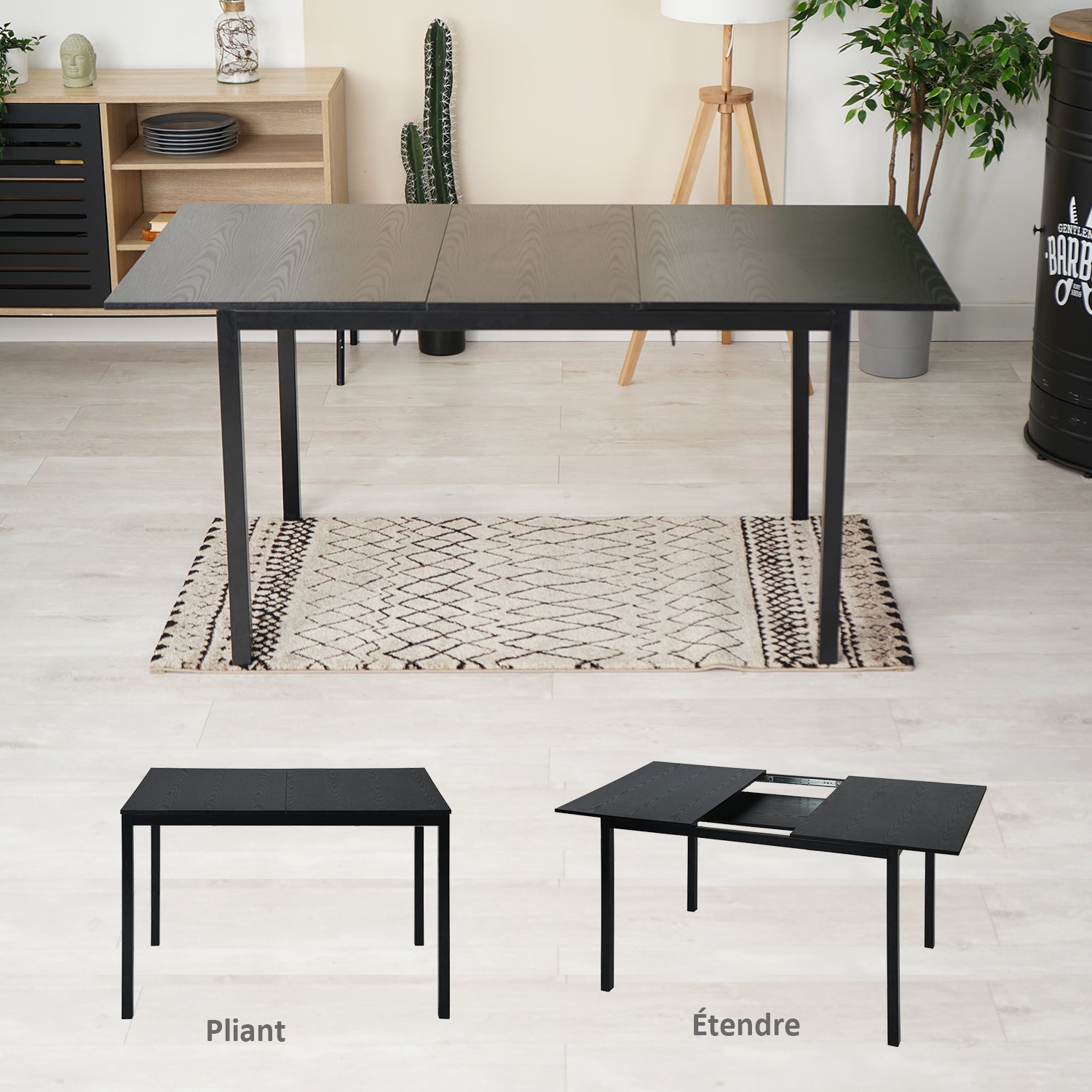 Ensemble table à manger extensible noire avec 4 fauteuils en suédine, style scandinave