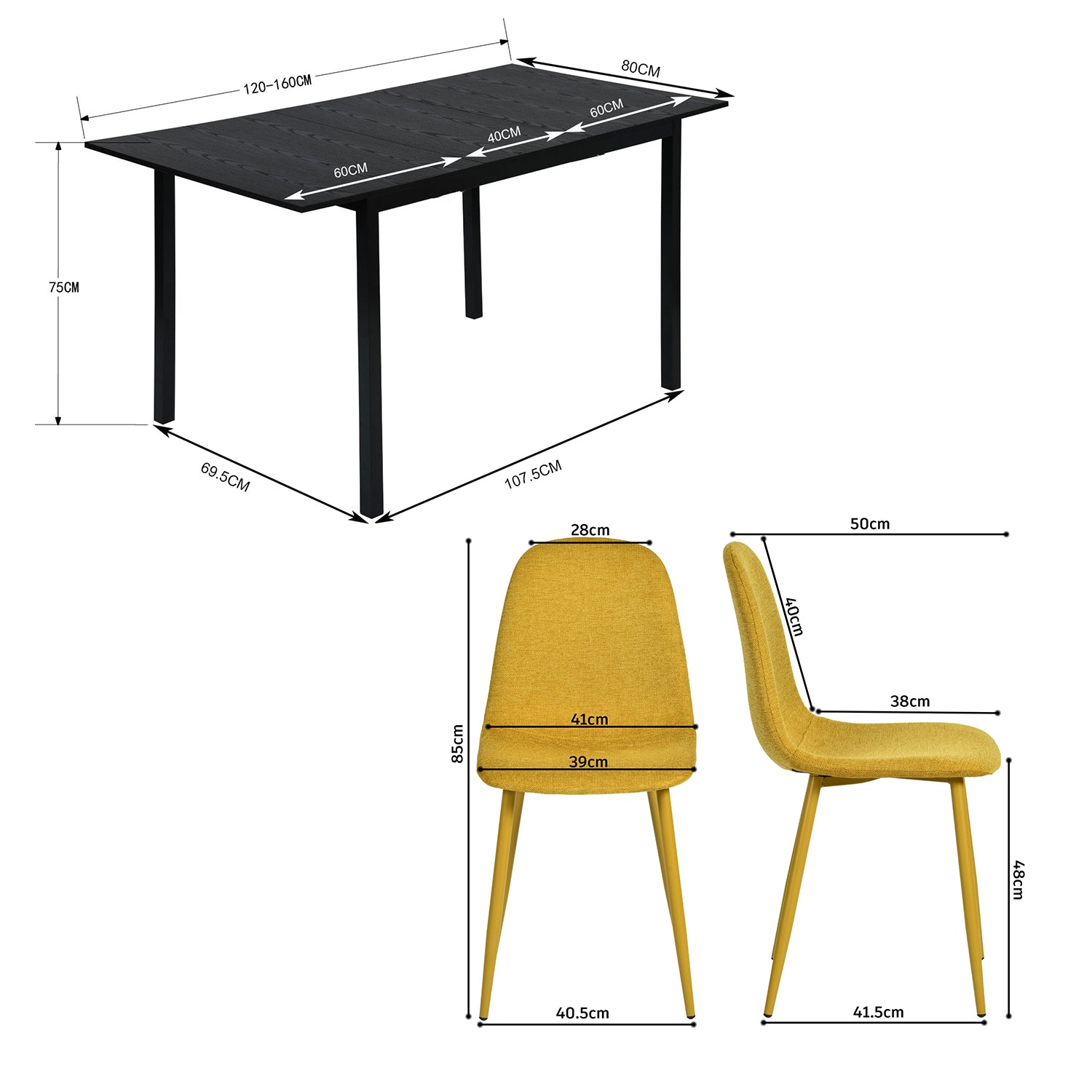 Round Table Table Table Table Timber Ø80 cm with 4 black velvet chairs, modern and comfortable style