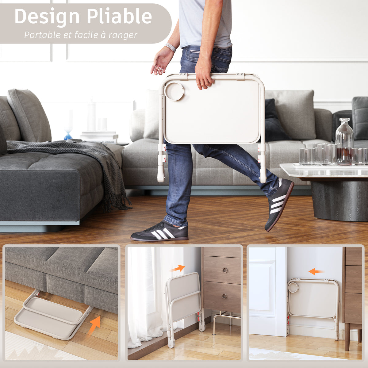 Table d’appoint pliable pour ordinateur portable, bout de canapé réglable en hauteur avec plateau inclinable et porte-gobelet beige- BASELINE