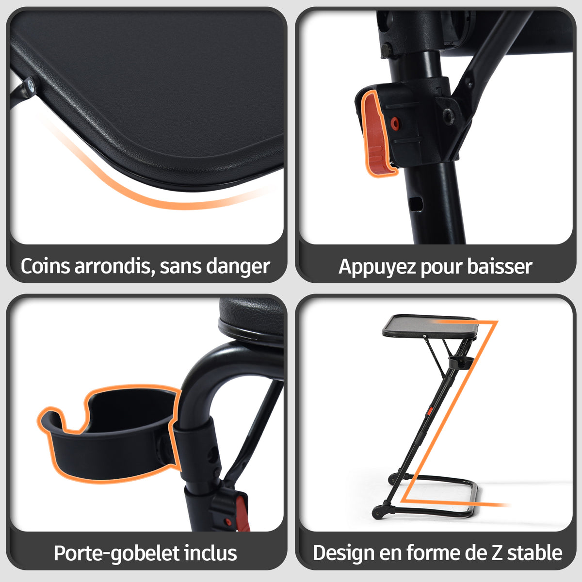 Table d’appoint pliable pour ordinateur portable, bout de canapé réglable en hauteur avec plateau inclinable et porte-gobelet - BASELINE