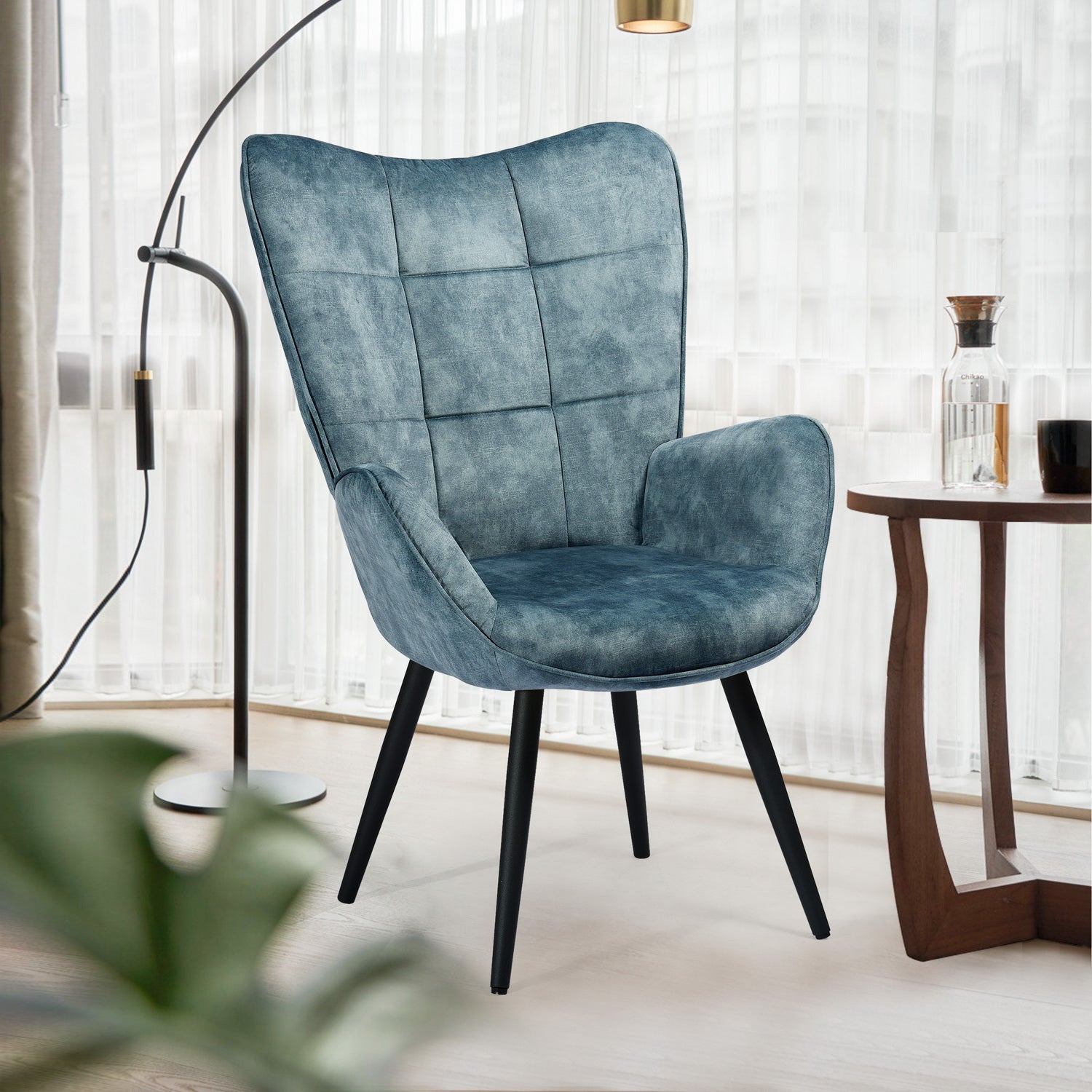 Scandinavian armchair with blue velvet armrests with stitching - bogdan