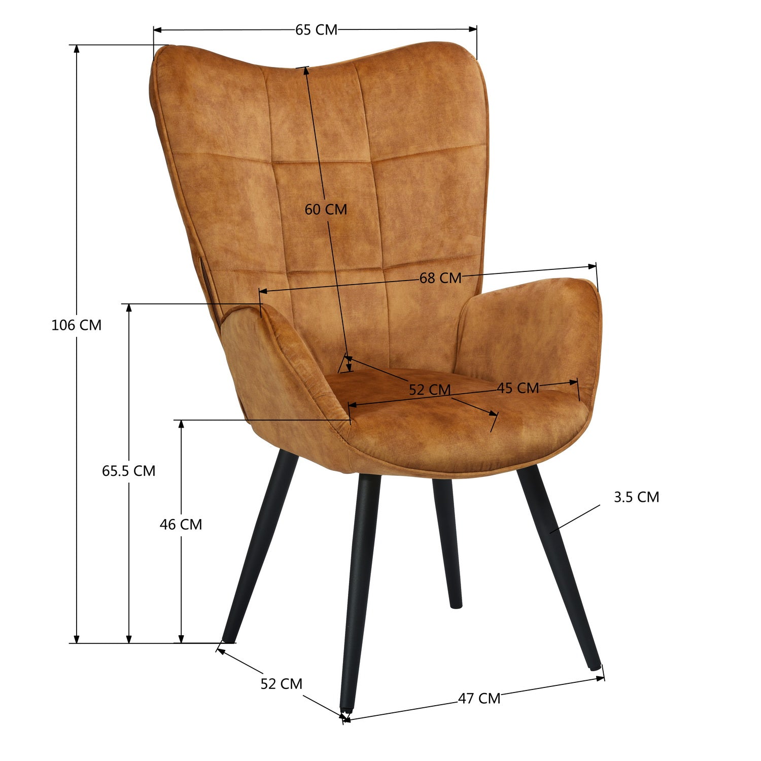 Fauteuil scandinave avec accoudoirs en velours moutarde à surpiqûres - BOGDAN