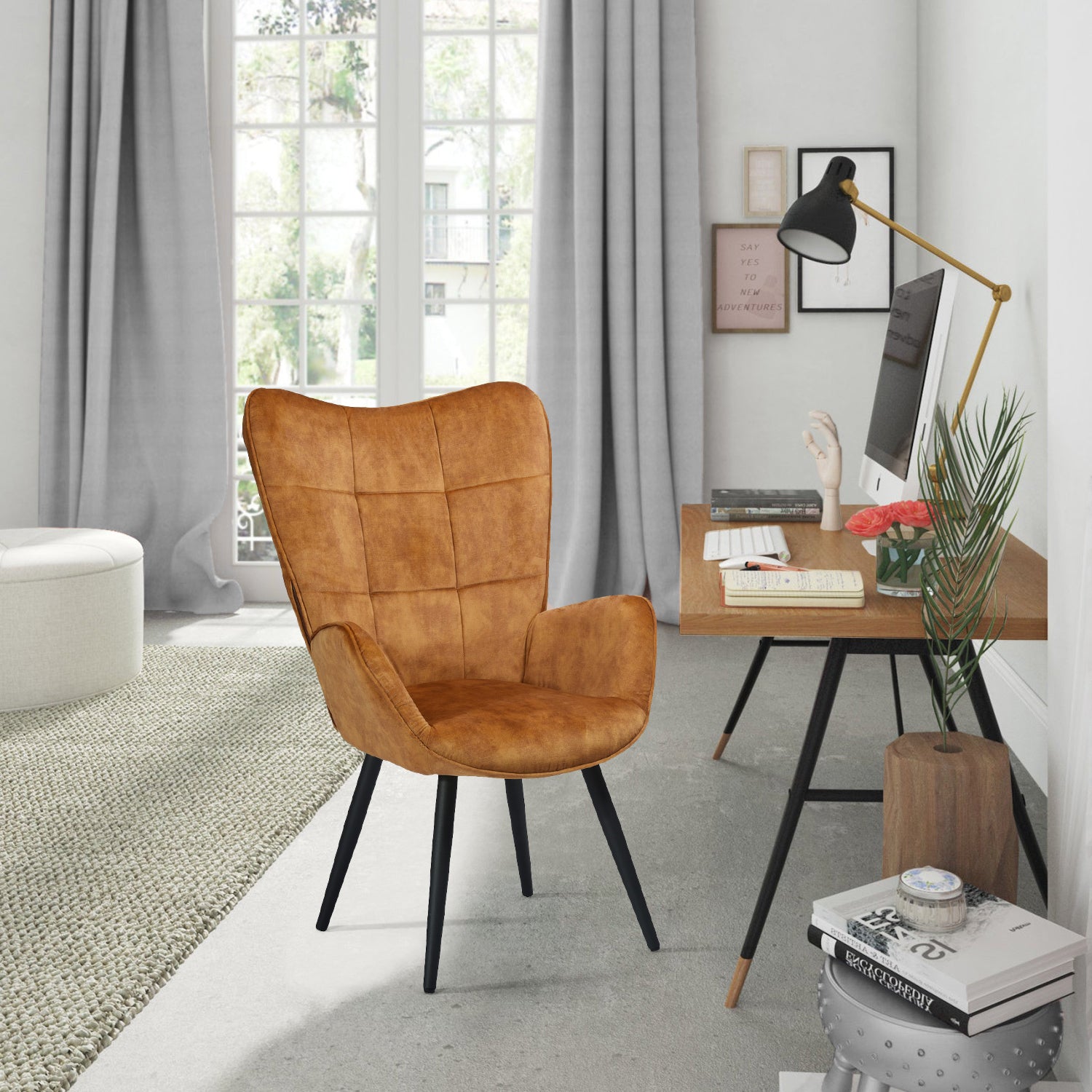 Fauteuil scandinave avec accoudoirs en velours moutarde à surpiqûres - BOGDAN