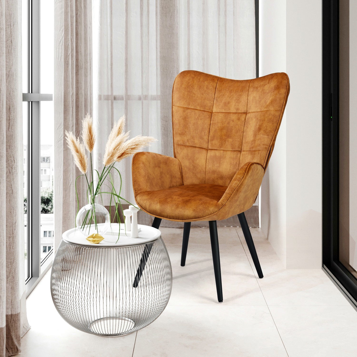 Fauteuil scandinave avec accoudoirs en velours moutarde à surpiqûres - BOGDAN