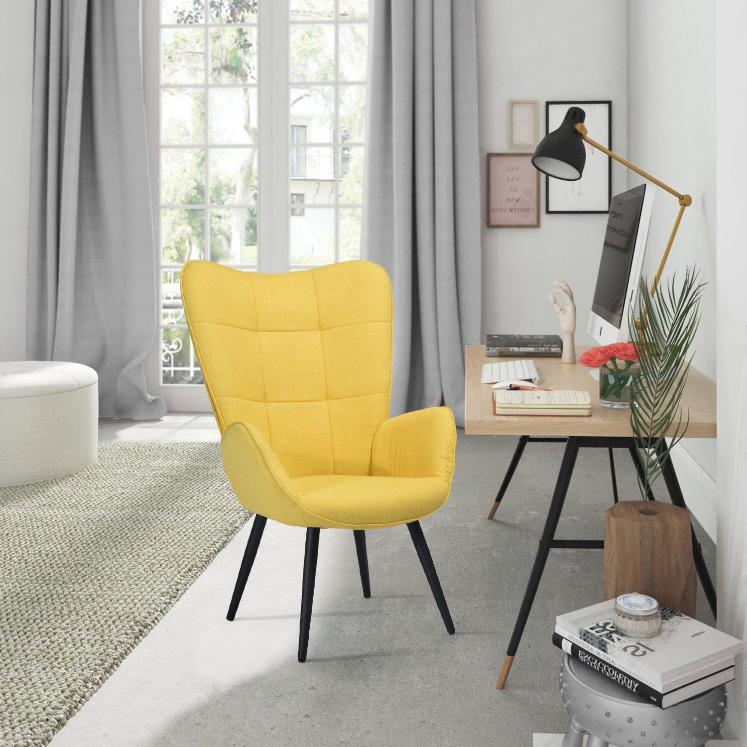 Fauteuil scandinave avec accoudoirs en tissu jaune à surpiqûres - BOGDAN