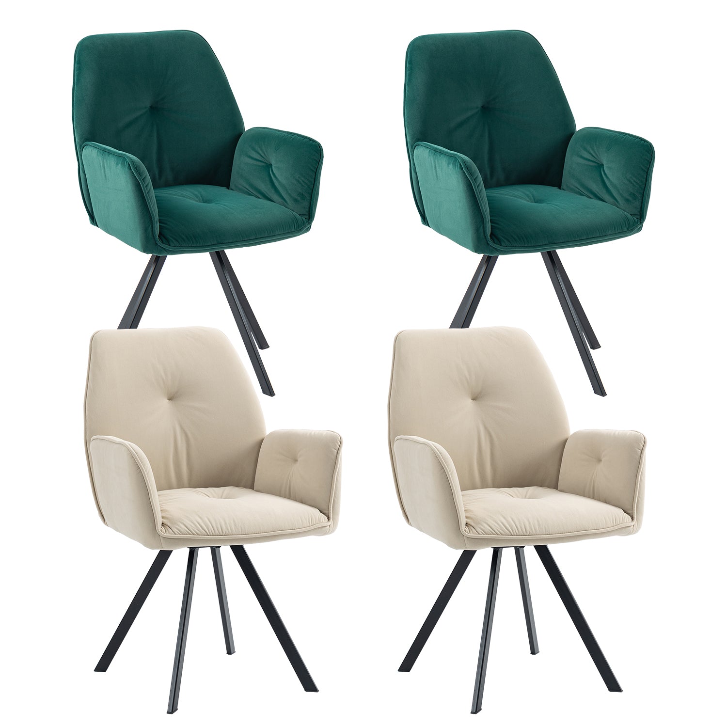 Conjunto de 4 cómodas sillas de comedor en tela beige y verde con reposabrazos - CALF GREEN+BEIGE