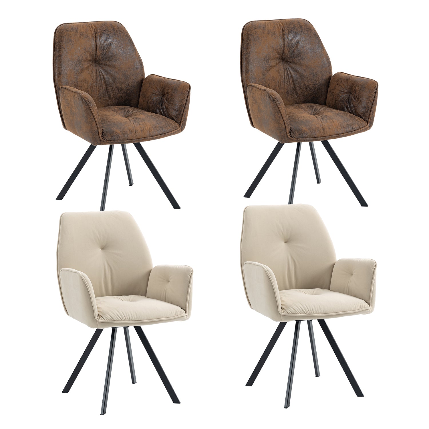 Conjunto de 4 cómodas sillas de comedor en tela y ante beige con reposabrazos - CALF SUEDE+BEIGE