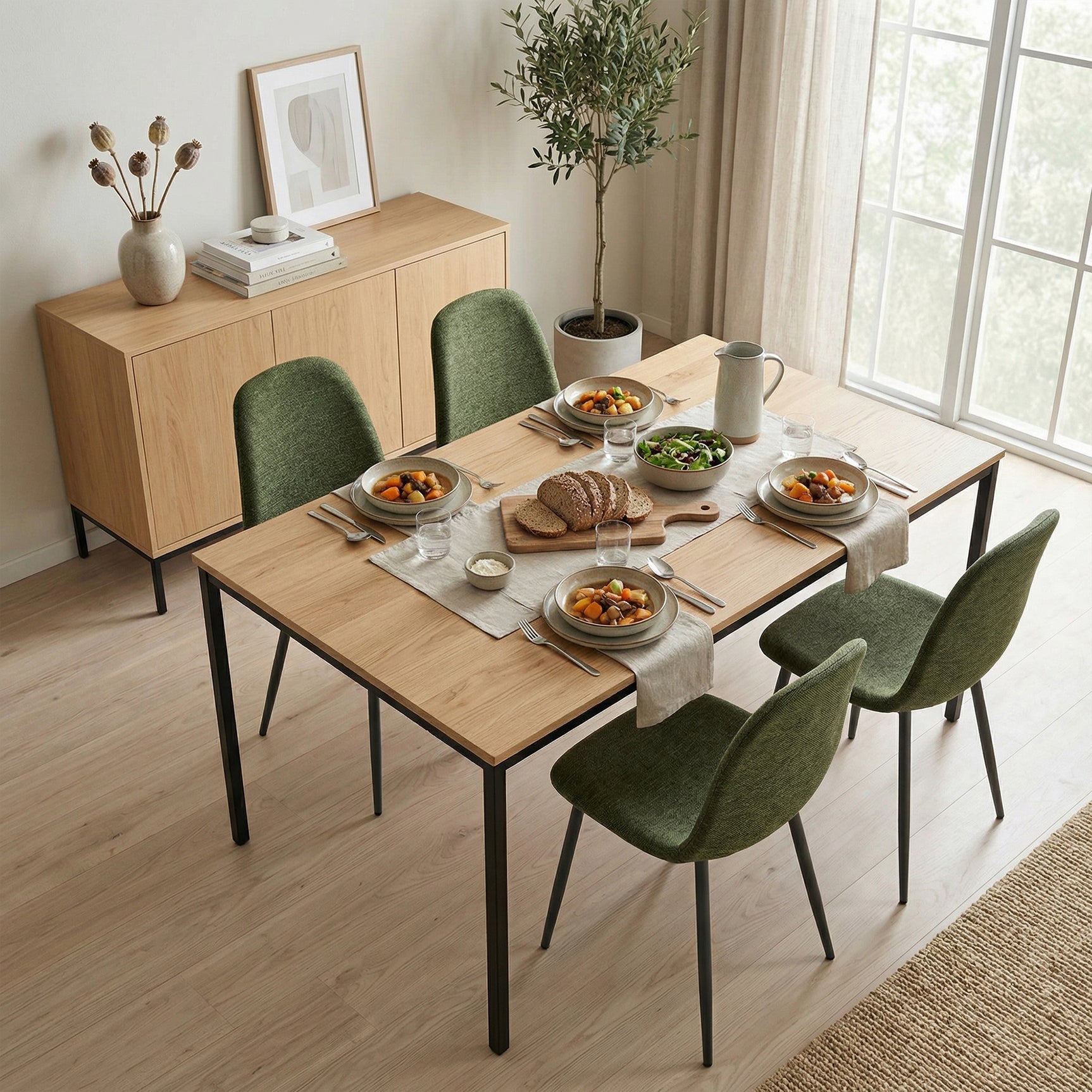 Lot de 4 chaises de salle à manger en tissu vert doux, chaises de détente avec dossier et pieds métalliques assortis scandinave - CHARLTON