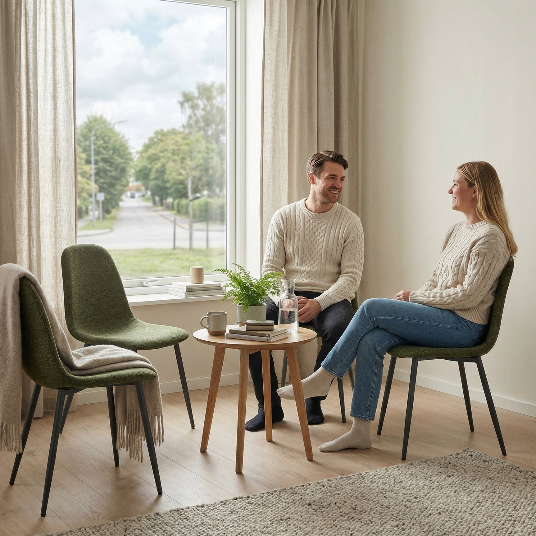 Lot de 4 chaises de salle à manger en tissu vert doux, chaises de détente avec dossier et pieds métalliques assortis scandinave - CHARLTON